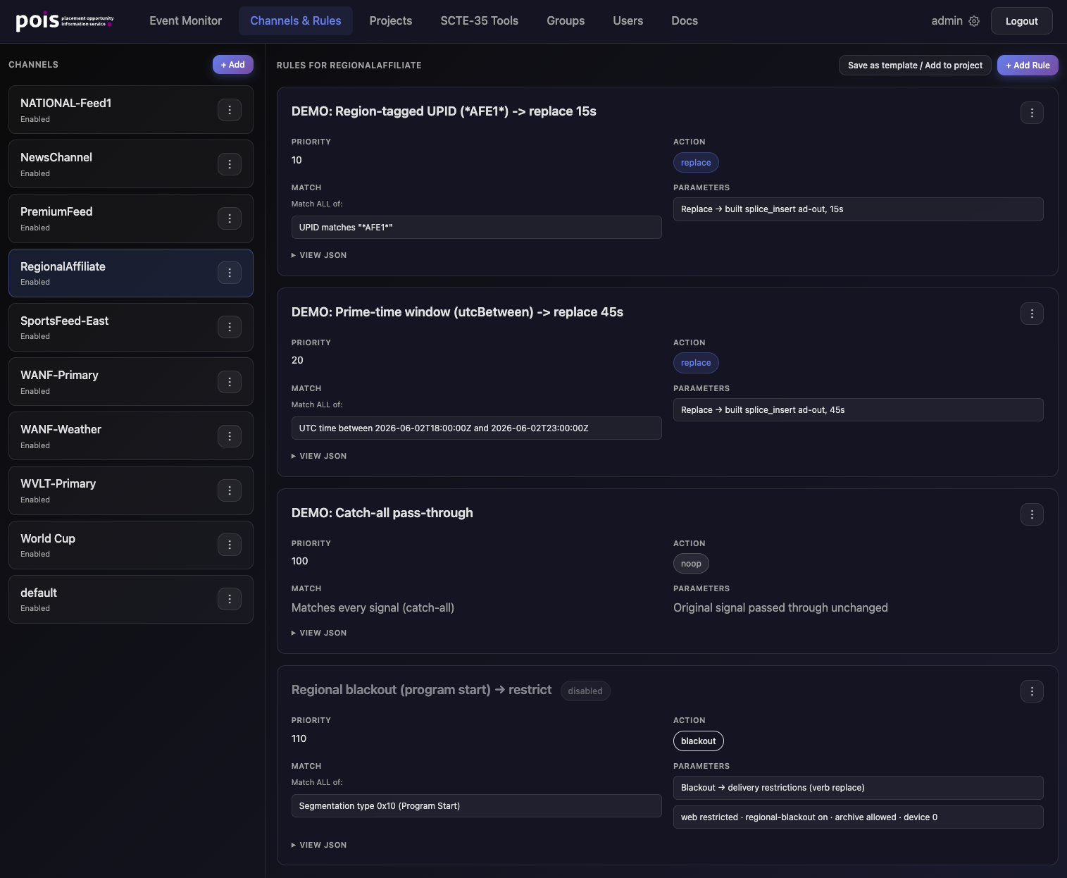 rust-pois Channels & Rules screen: a channel list on the left and priority-ordered conditioning rules for the RegionalAffiliate channel on the right, with match conditions, actions, and parameters.